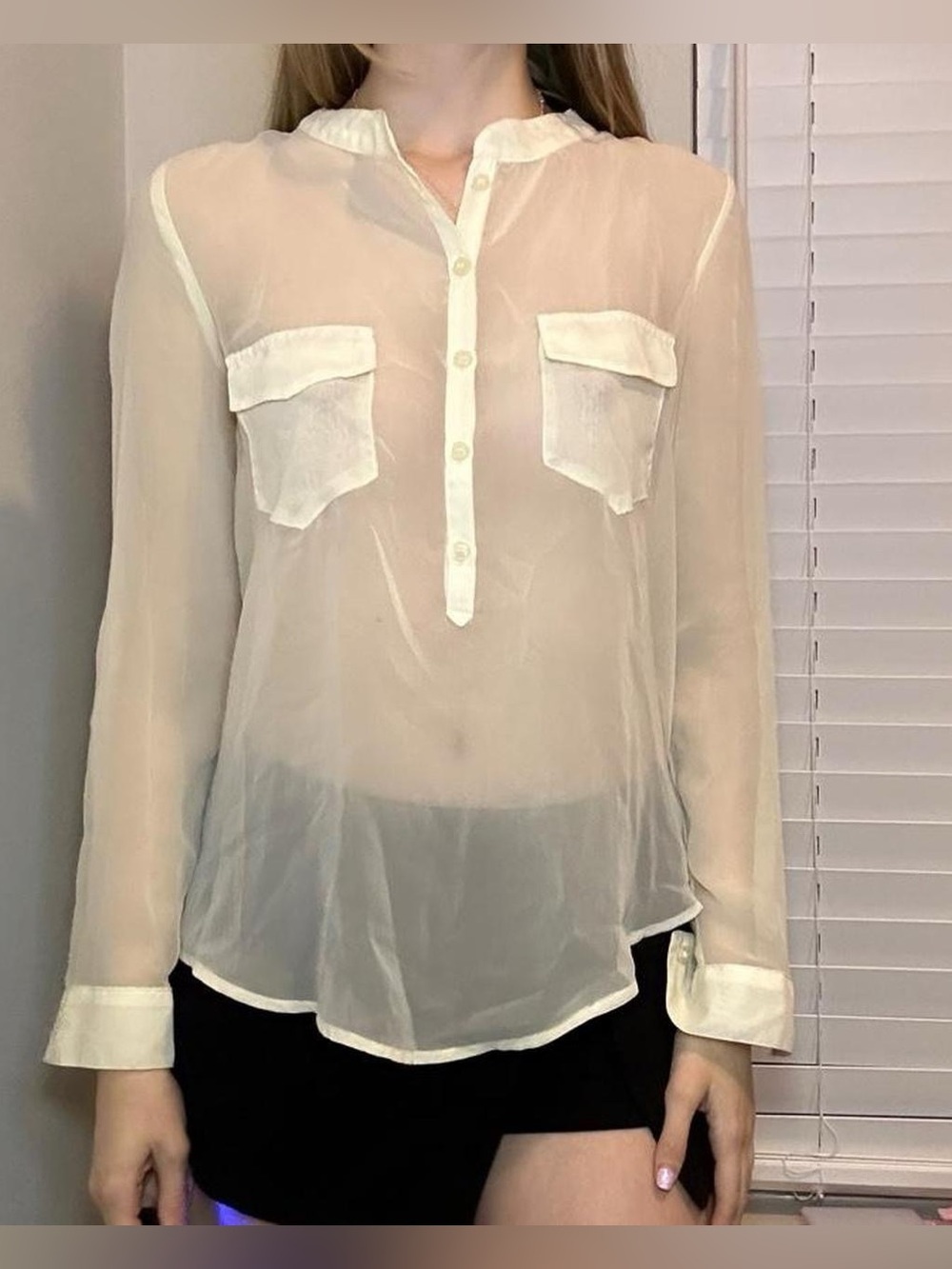 Michael Brandon Sheer Ivory Long-Sleeve Button Pullover Blouse
